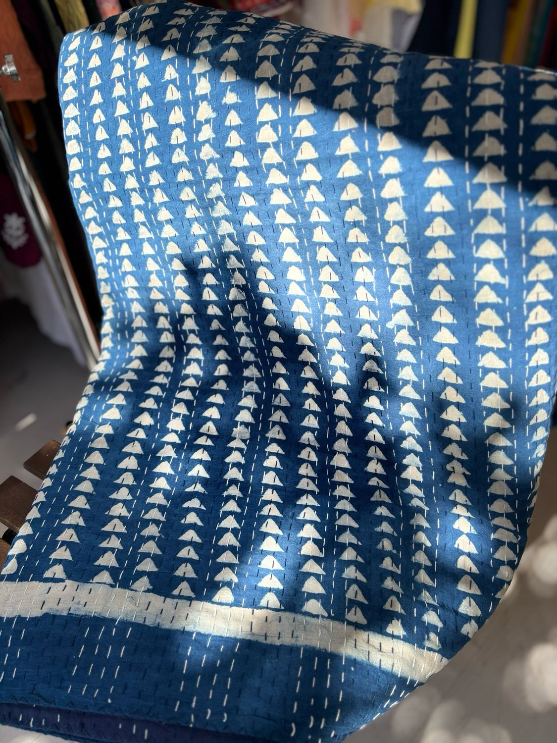 Indigo Hand Block Printed Cotton Kantha Bedspread