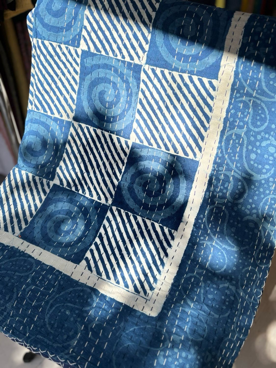 Indigo Hand Block Printed Cotton Kantha Bedspread