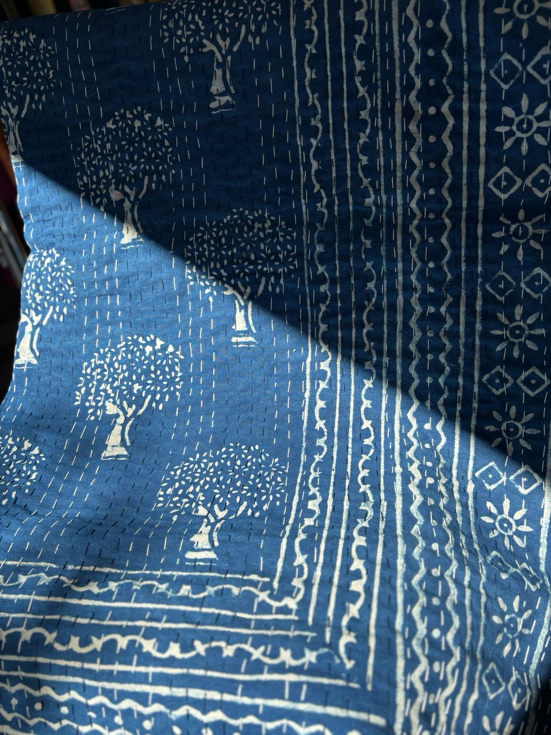 Indigo Hand Block Printed Cotton Kantha Bedspread
