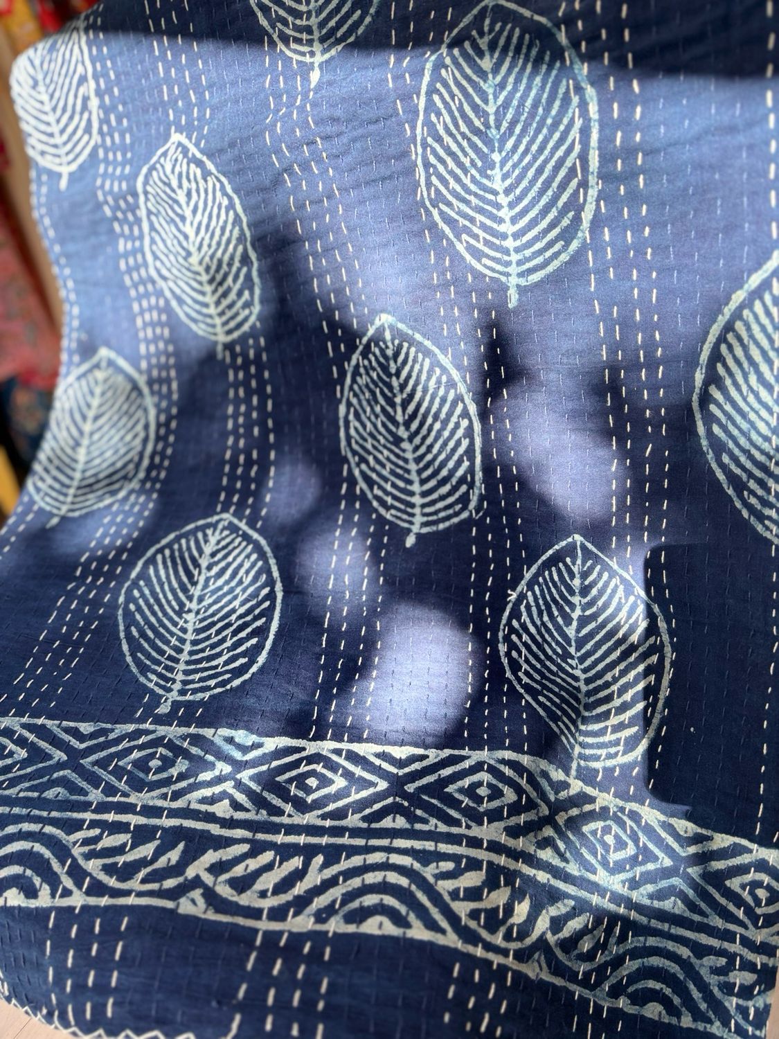 Indigo Hand Block Printed Cotton Kantha Bedspread