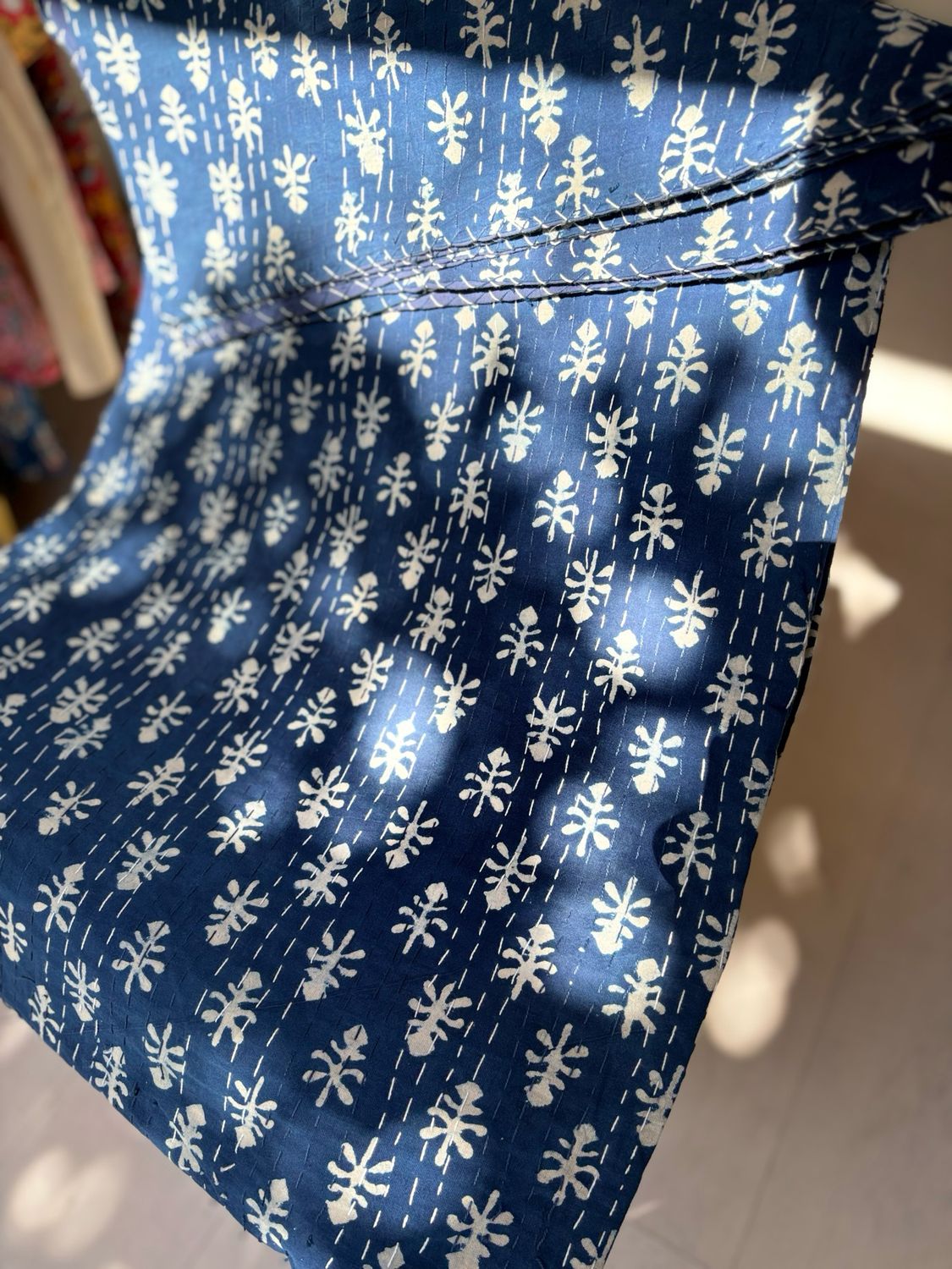 Indigo Hand Block Printed Cotton Kantha Bedspread