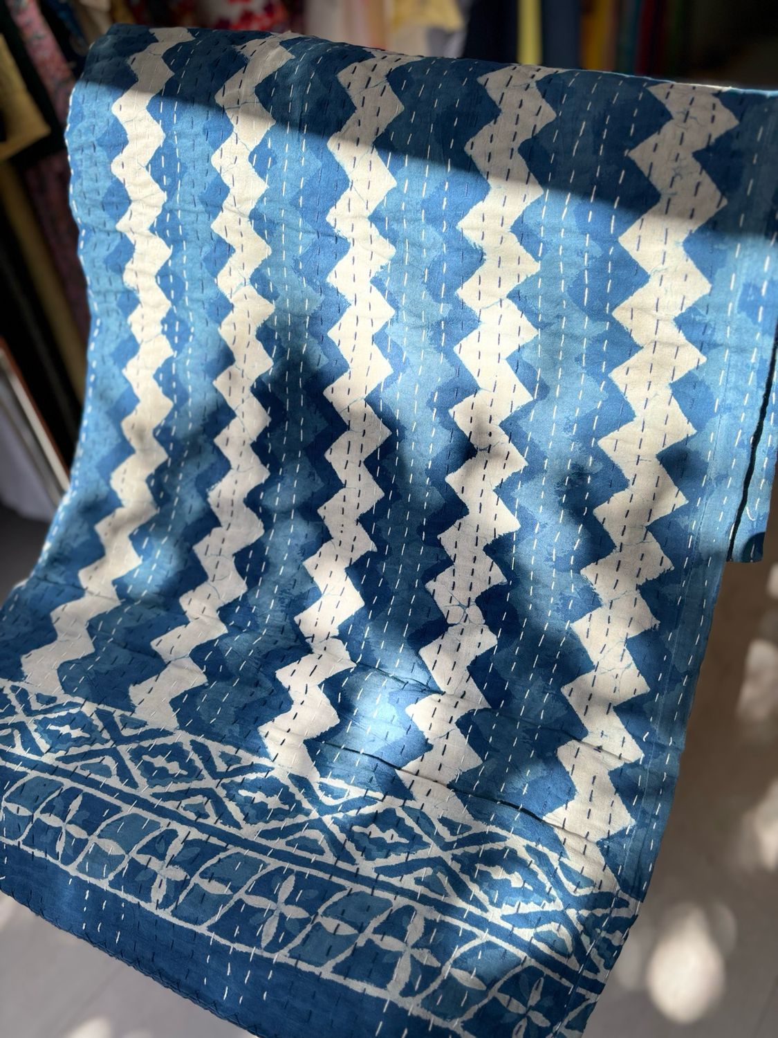 Indigo Hand Block Printed Cotton Kantha Bedspread