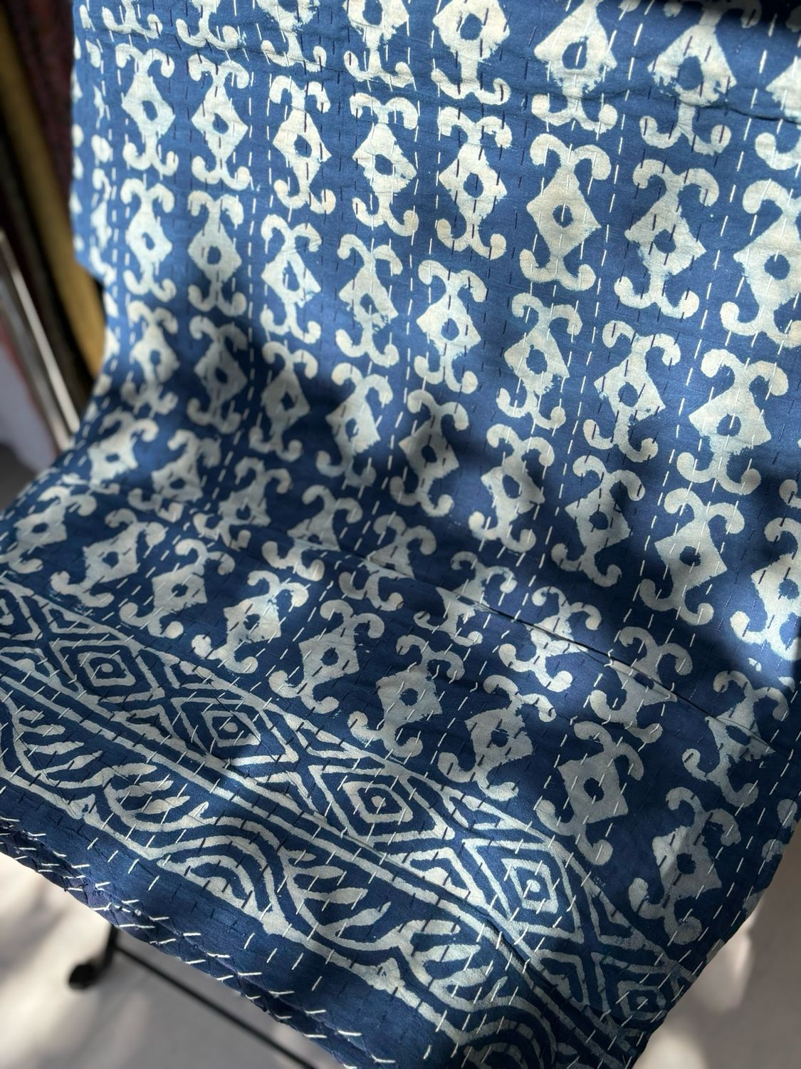 Indigo Hand Block Printed Cotton Kantha Bedspread