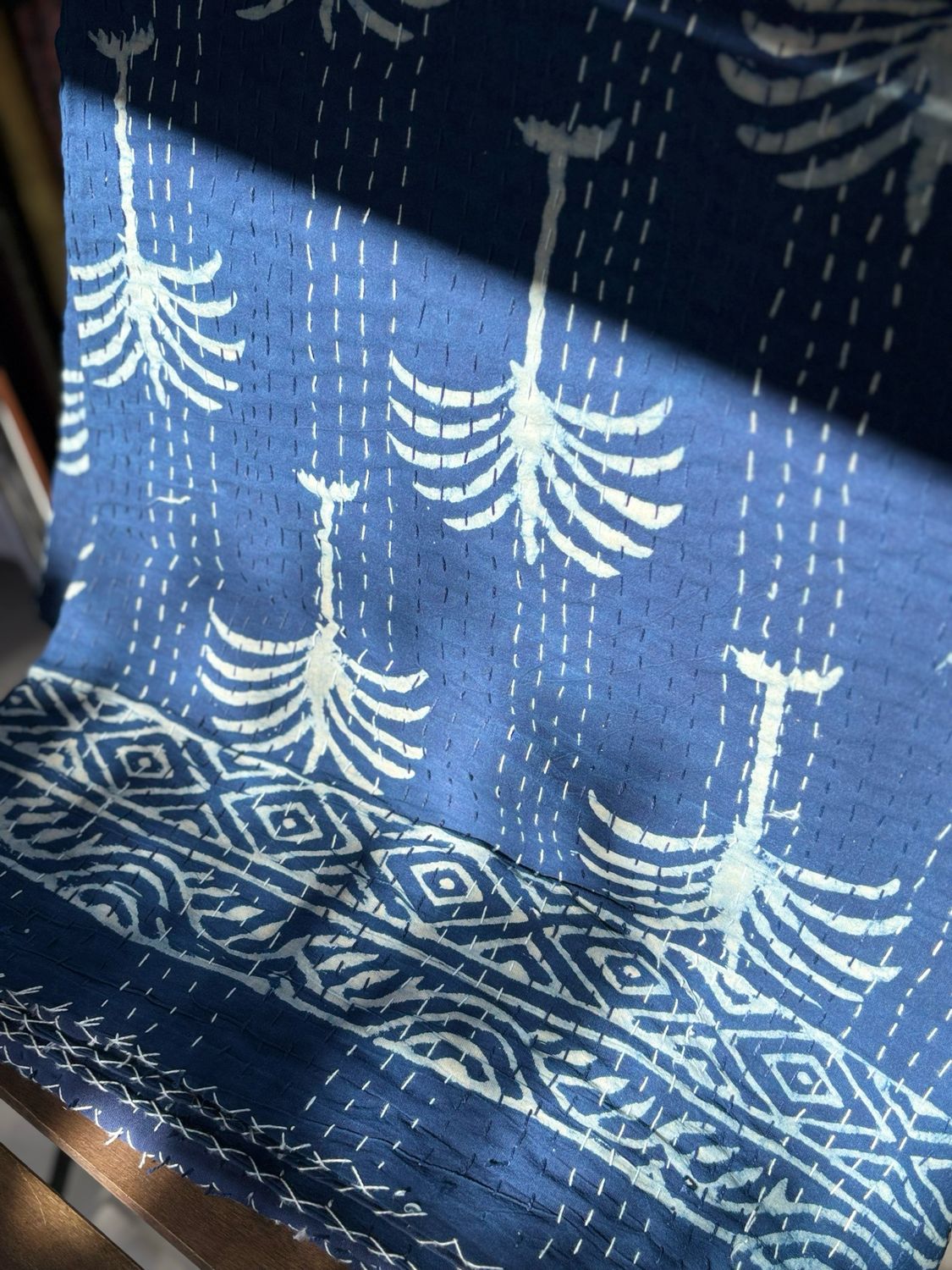 Indigo Hand Block Printed Cotton Kantha Bedspread
