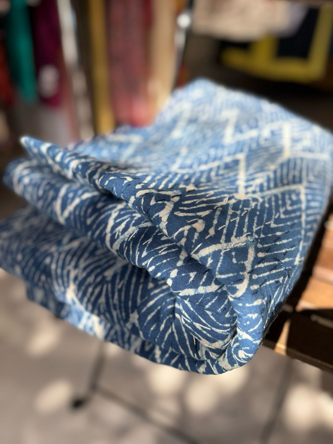 Indigo Hand Block Printed Cotton Kantha Bedspread