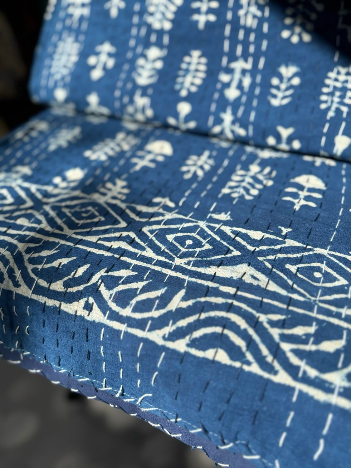 Indigo Hand Block Printed Cotton Kantha Bedspread