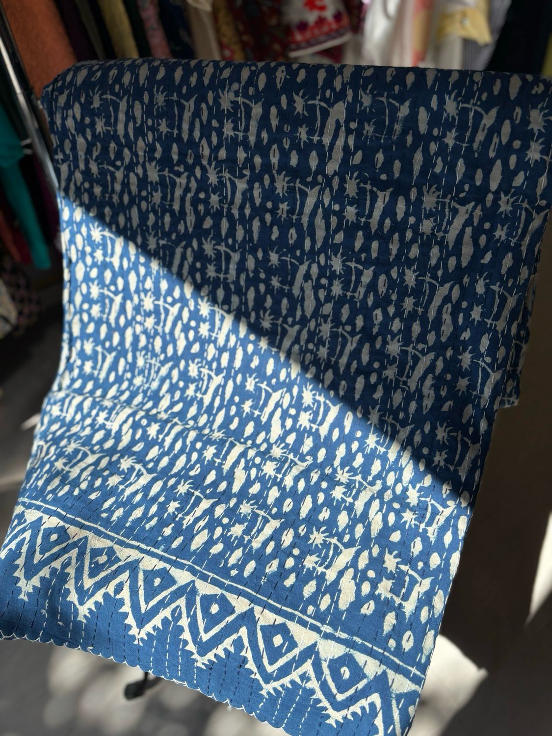 Indigo Hand Block Printed Cotton Kantha Bedspread