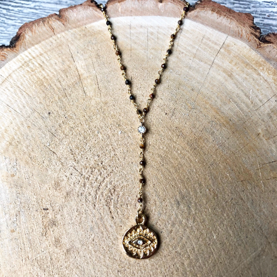 Swarovski Evil Eye Lariat with Tigereye Rosary Chain