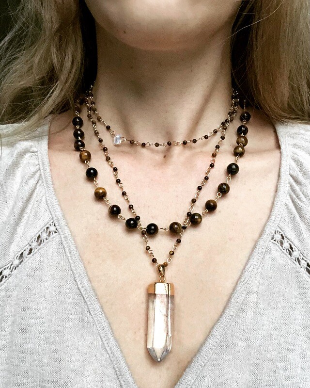 Multi Strand Tigereye Necklace with Chunky Quartz Healing Crystal