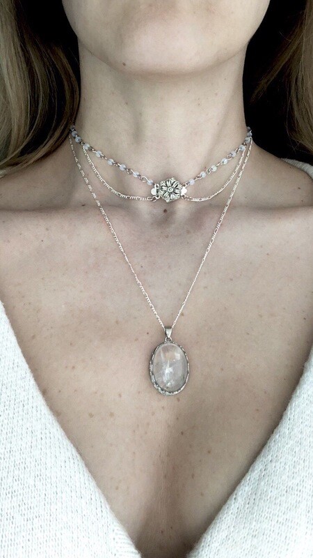 Silver Victorian Necklace with Quartz Crystal &amp; Flower Clasp