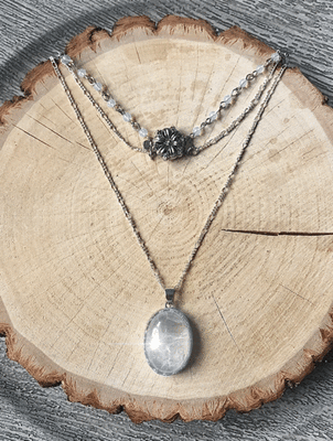 Silver Victorian Necklace with Quartz Crystal &amp; Flower Clasp