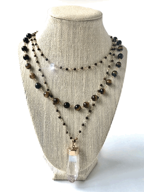 Multi Strand Tigereye Necklace with Chunky Quartz Healing Crystal