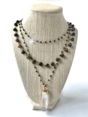 Multi Strand Tigereye Necklace with Chunky Quartz Healing Crystal