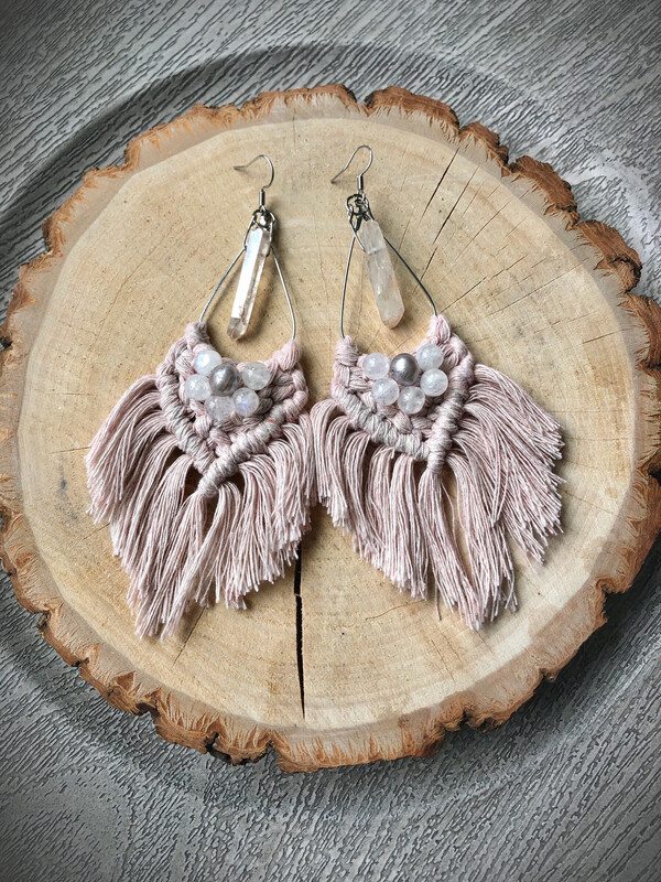 Macrame Earrings with Gemstones &amp; Quartz Crystal
