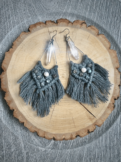 Macrame Earrings with Gemstones &amp; Quartz Crystal