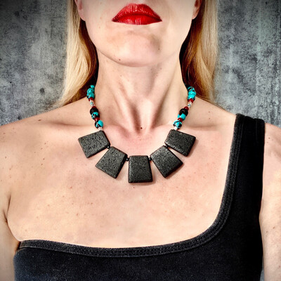 Lava Bib Necklace with Turquoise &amp; Red Quartz