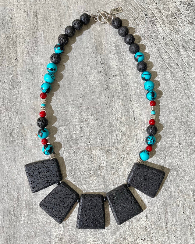 Lava Bib Necklace with Turquoise & Red Quartz