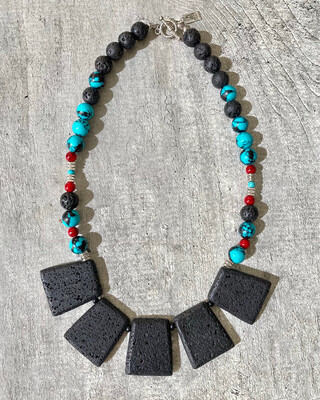 Lava Bib Necklace with Turquoise &amp; Red Quartz