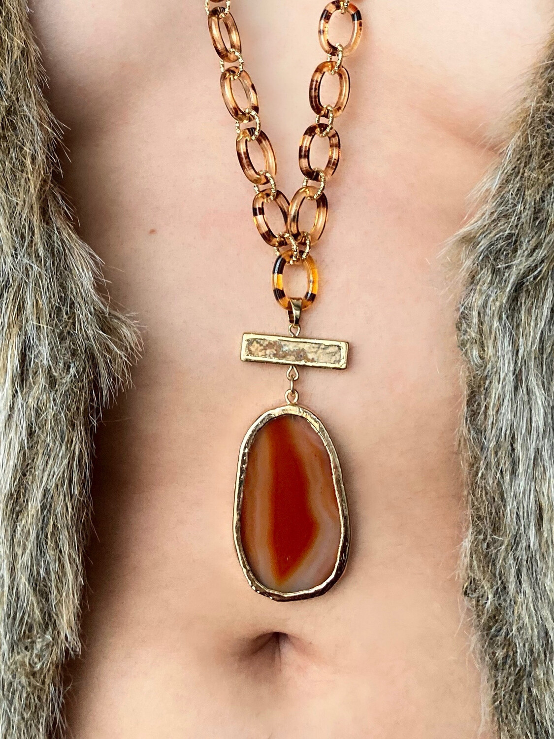 Red Agate Necklace with Animal Print Chain