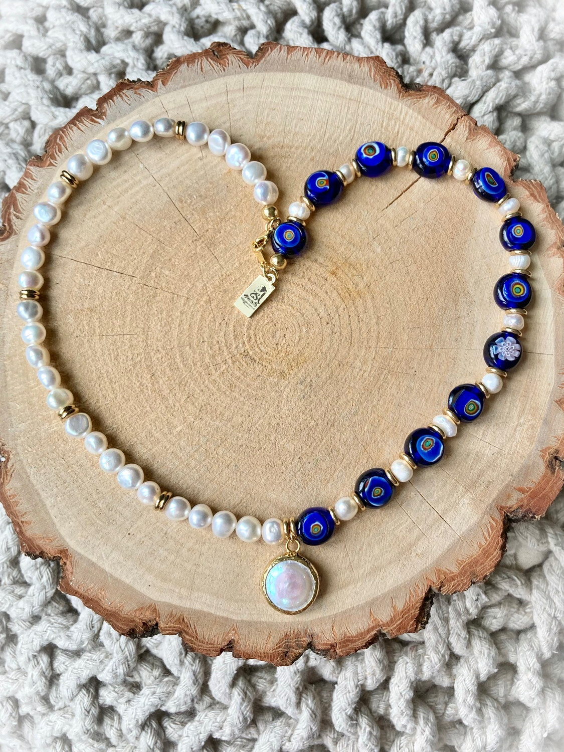 Unisex Blue Millefiori &amp; Pearl Necklace