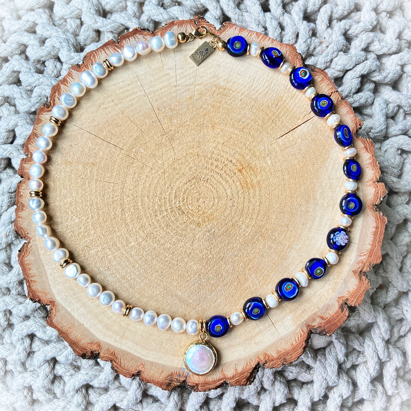 Unisex Blue Millefiori &amp; Pearl Necklace