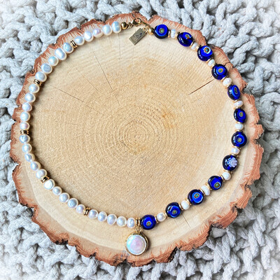 Unisex Blue Millefiori &amp; Pearl Necklace