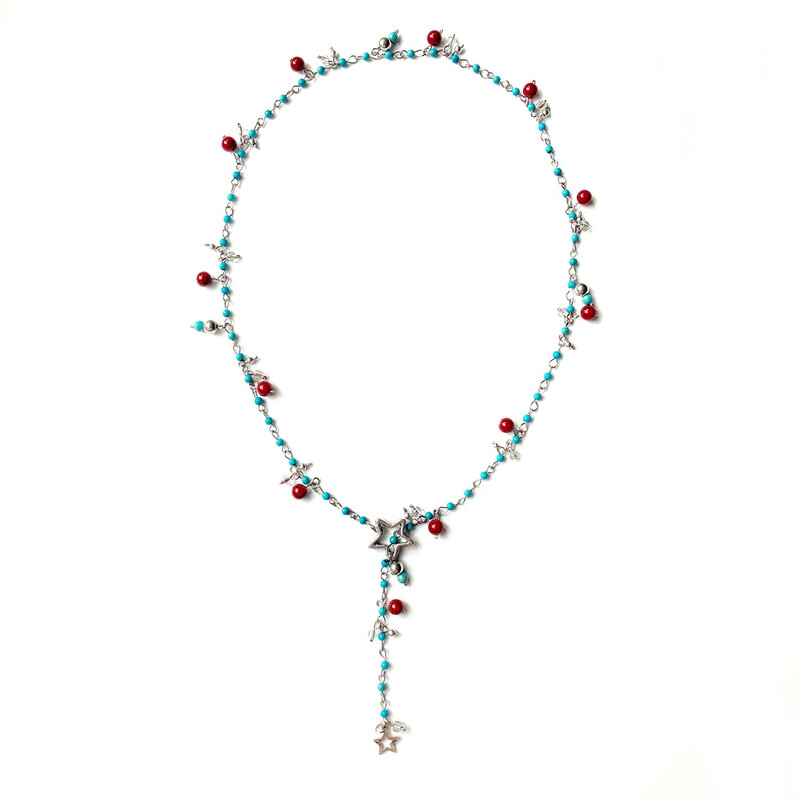 Star Lariat / Y Necklace with Turquoise &amp; Red Quartz