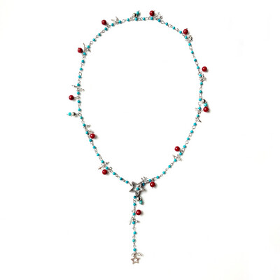 Star Lariat / Y Necklace with Turquoise &amp; Red Quartz