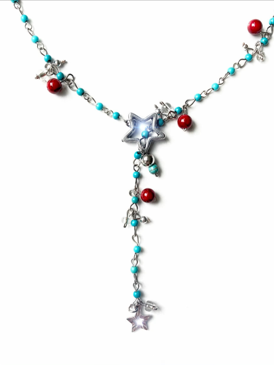 Star Lariat / Y Necklace with Turquoise &amp; Red Quartz