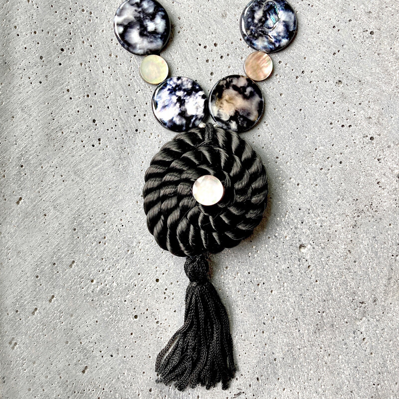 Natural Black Seashell Necklace with Tassle, Onyx &amp; Turquoise