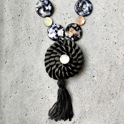 Natural Black Seashell Necklace with Tassle, Onyx &amp; Turquoise