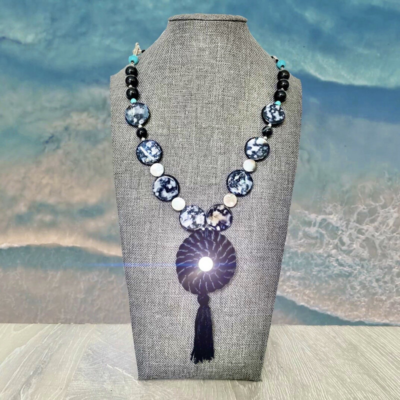 Natural Black Seashell Necklace with Tassle, Onyx &amp; Turquoise