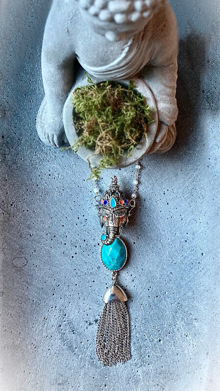 Elephant Ganesha Prayer Pendant with Silver Tassel