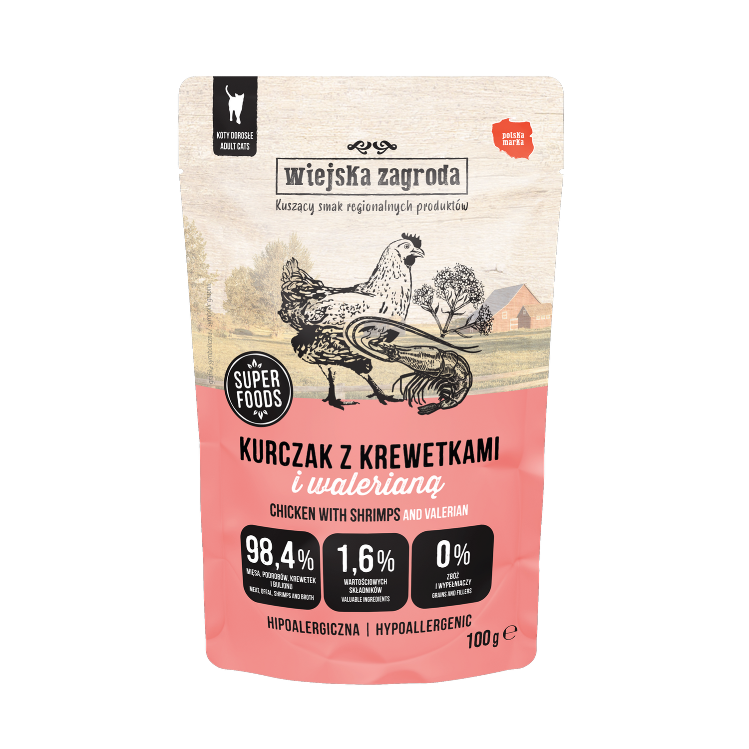 Wiejska Zagroda karma mokra dla kota kurczak z krewetkami i walerianą 100g