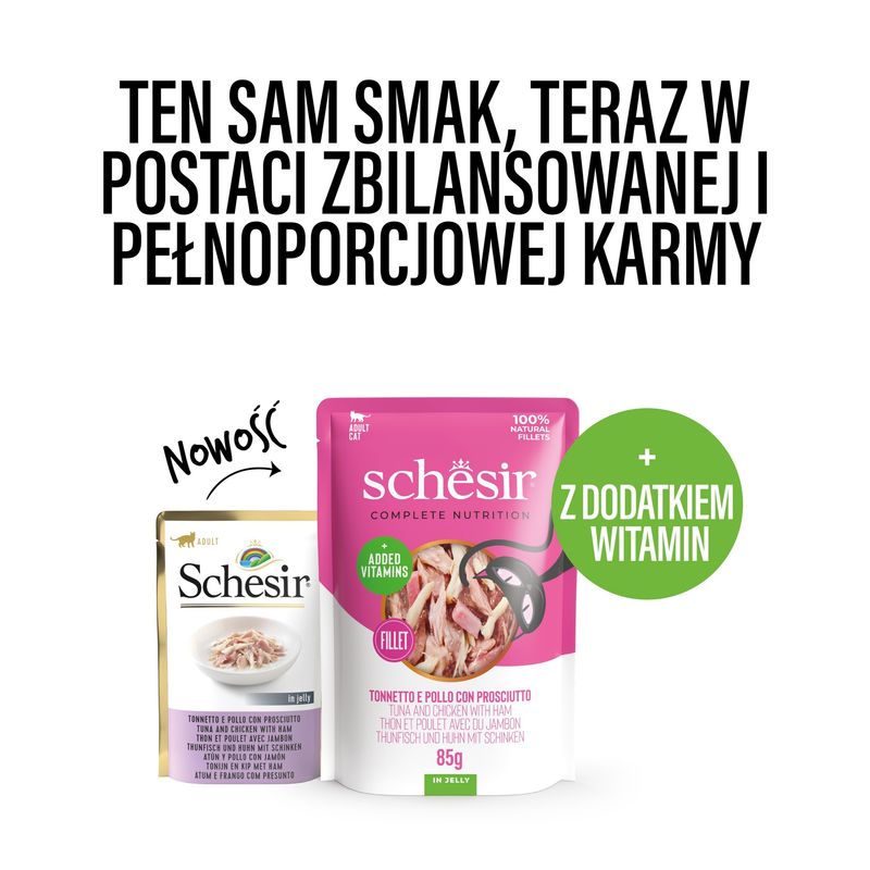 Schesir CB tuńczyk z kurczakiem i szynką galarecie 85 g