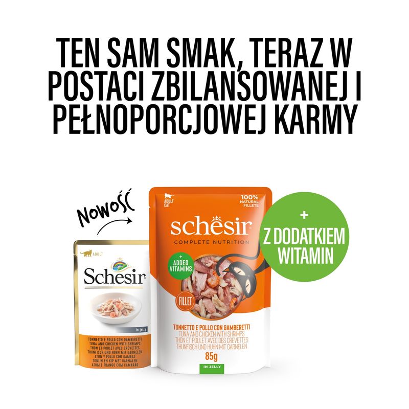 Schesir CB tuńczyk z kurczakiem i krewetkami w galarecie 85 g