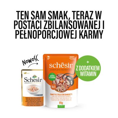Schesir CB tuńczyk z kurczakiem i krewetkami w galarecie 85 g