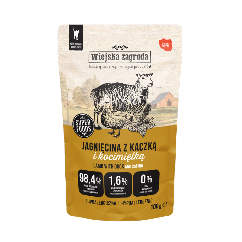 Wiejska Zagroda superfoods karma mokra dla kota jagnięcina z kaczką i kocimiętką 100g
