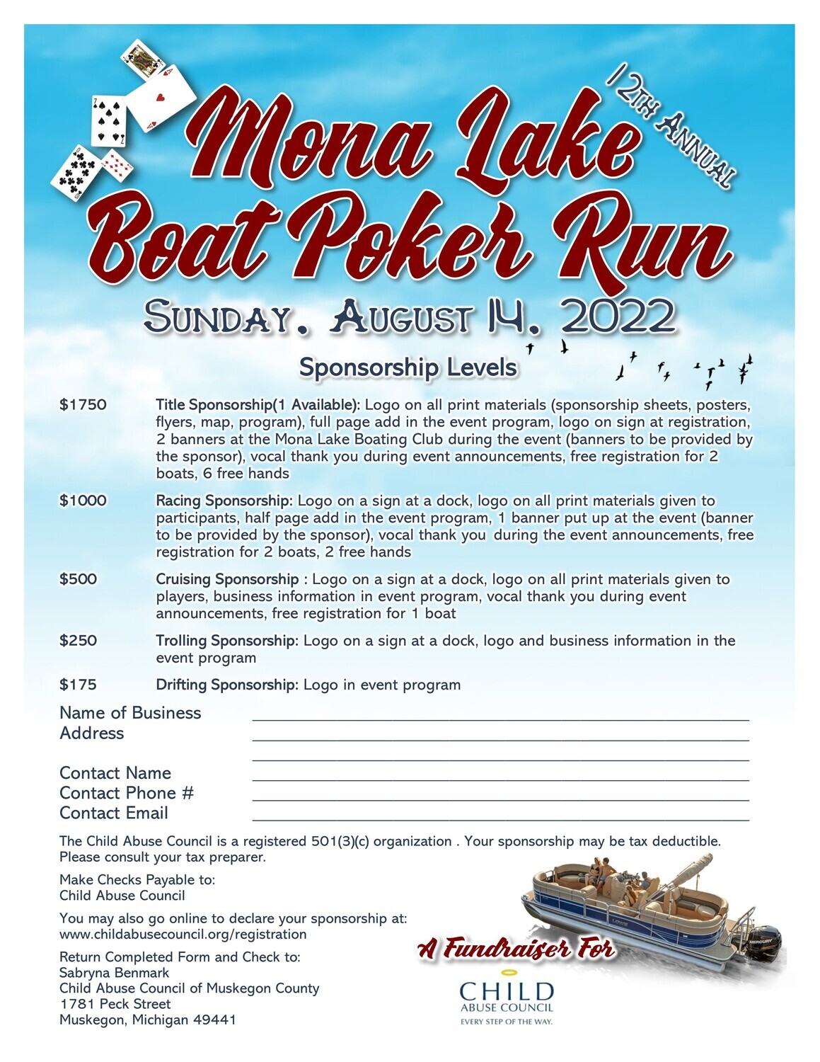 Mona Lake Boat Poker Run Sponsorship & Monetary Donation for the Silent Auction