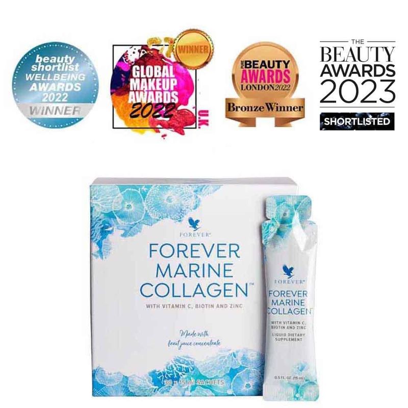 Boost voor Topconditie &amp; Welzijn! Ervaar de kracht van Forever Aloë Vera &quot;Marine Collagen&quot; met zomeractie -15%! Klik door naar omschrijving. Onderaan vind je de link naar webshop.