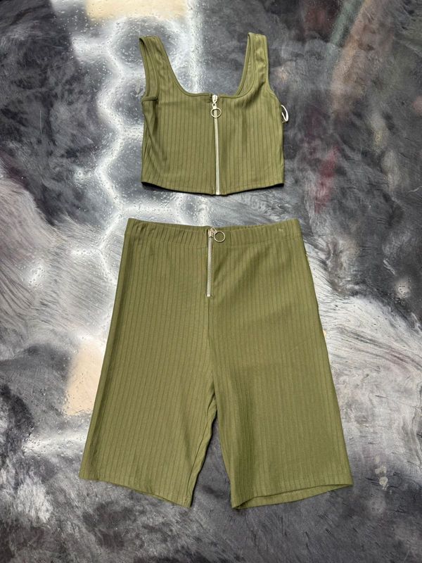 olive green gold zipped tank short set