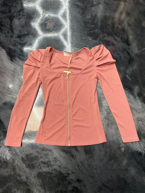 peach long sleeve off shoulder halter top