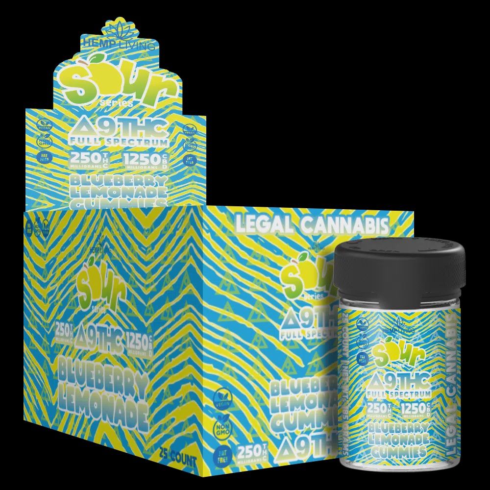 Hemp Living – Delta 9 Full Spectrum CBD Gummies – Sour Series – 25ct 1,250mg CBD 250mg Delta 9 THC  Blueberry lemonade
