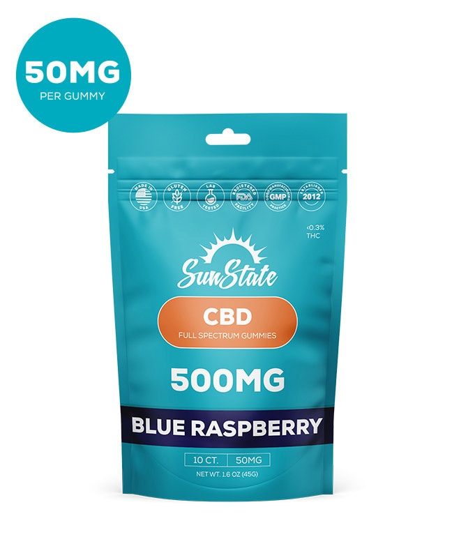 CBD Full Spectrum 50mg Gummy Blue Raspberry Grab N&#39; Go Bag 10ct 500mg