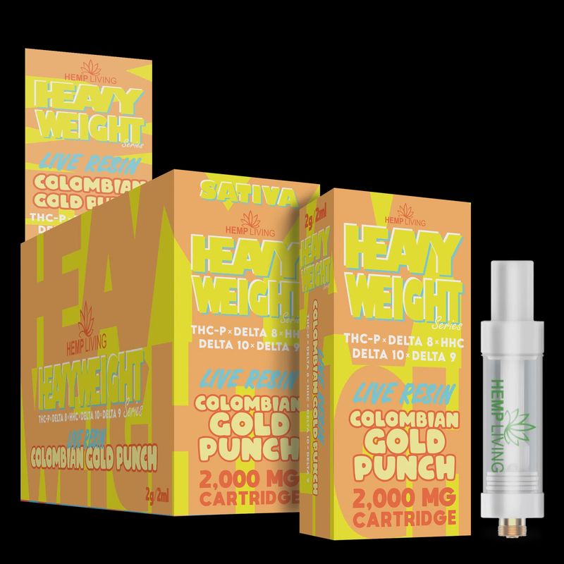 Hemp Living – *2G* Heavyweight Live Resin Series Vape Cartridge THC-P + D8 + HHC + D10 + D9 – Colombian Gold Punch