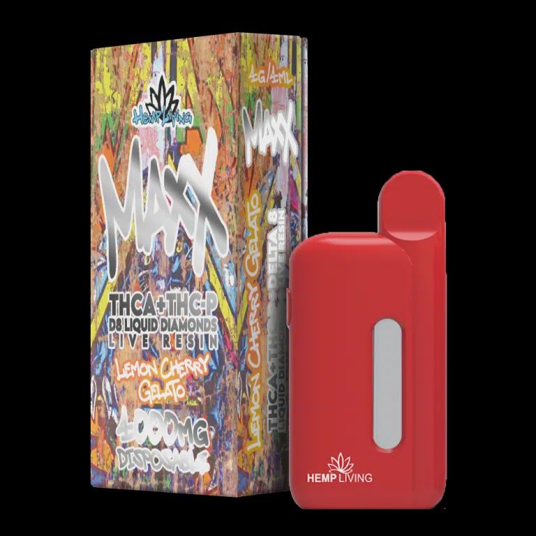 Hemp Living – Maxx – 4ML Vape Disposable w/ Live Resin Liquid Diamonds – THCA + THC-P – Lemon Cherry Gelato