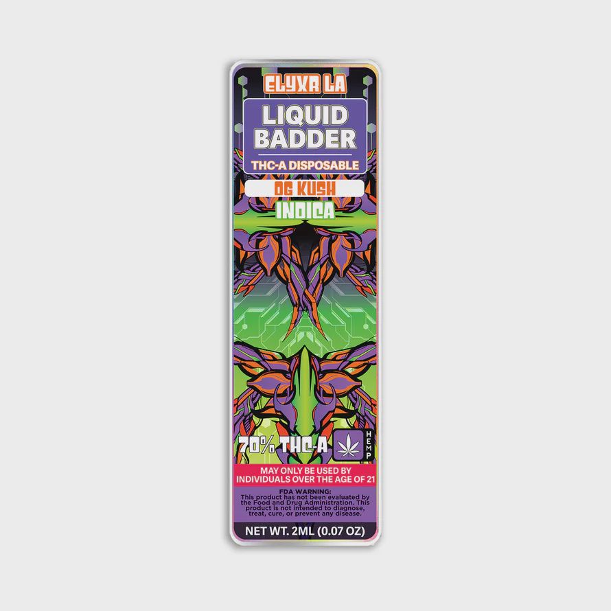 Elyxr  Liquid Badder 70% THC-A Disposable 2 Grams (2000mg) Click to expand            Liquid Badder 70% THC-A Disposable 2 Grams (2000mg) Og Kush