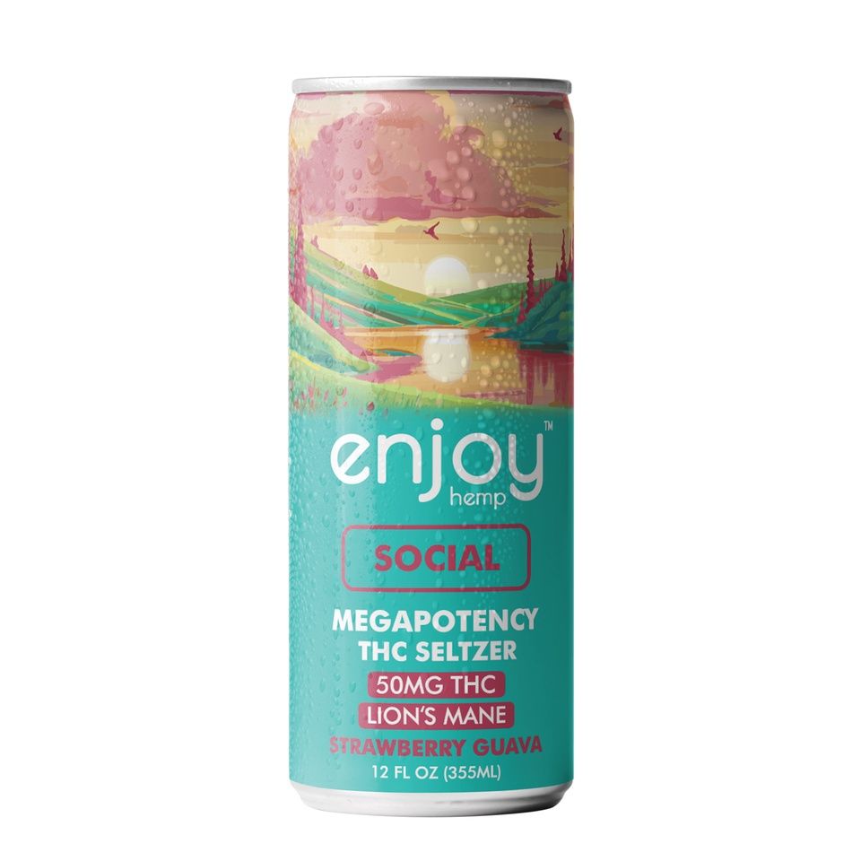 Enjoy 50mg THC + Lion&#39;s Mane Strawberry Guava Seltzer for Social | Megadose