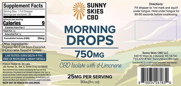 Sunny Skies CBD Isolate Morning Drops, Strength: 750Mg