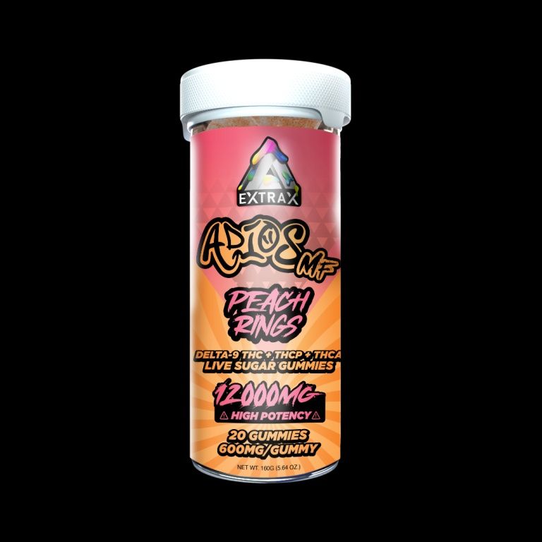 THCa Live Sugar 12000mg Gummies | Adios MF Peach Rings